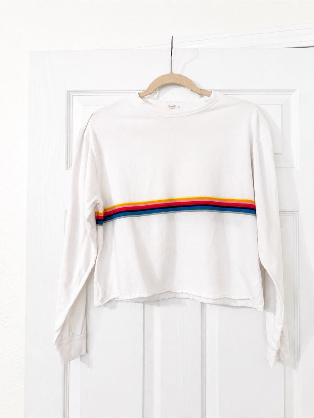 Brandy Melville White Long Sleeve Tee with Rainbow Stripe
